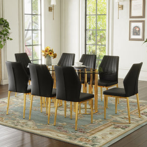 English Elm Table Set Oval Tempered Glass Top Gold Column Base with Eight Pu Leather Dining Chairs W1151S04727
