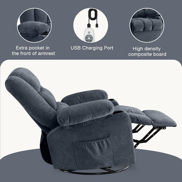 English Elm Massage Swivel Rocker Recliner with Heat Lumbar Relief and Usb Port for Living Room Blue W1521P478306