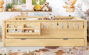 English Elm Queen Bunk Bed with Trundle Solid Pine Kids Car Themed Frame Built-in Bookshelf Light Natural W1580S00563