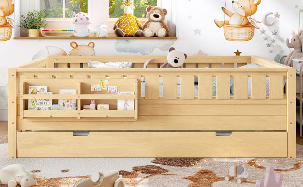 English Elm Queen Bunk Bed with Trundle Solid Pine Kids Car Themed Frame Built-in Bookshelf Light Natural W1580S00563