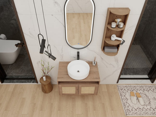 English Elm 30" Floating Bathroom Vanity Oak Finish Ceramic Vessel Sink Soft Close Plywood Cabinet W999S00501