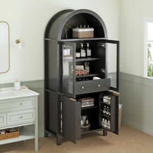 English Elm 71" Arched Glass Barn Door Pantry Cabinet Farmhouse Mdf Storage for Kitchen Dining Black W2917S00014