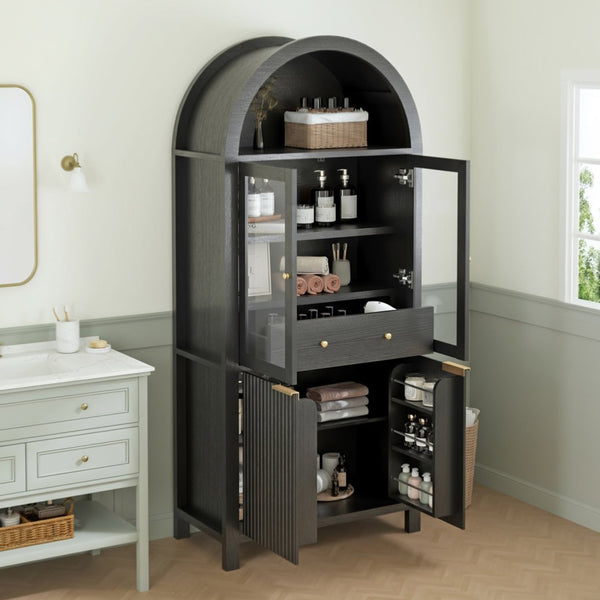 English Elm 71" Arched Glass Barn Door Pantry Cabinet Farmhouse Mdf Storage for Kitchen Dining Black W2917S00014