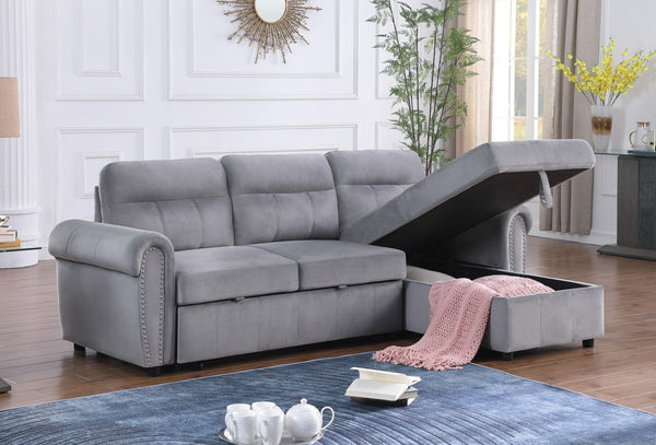 English Elm Augusto Velvet Sleeper Sectional with Storage Chaise and Nailhead Trim Detail B2749S00059