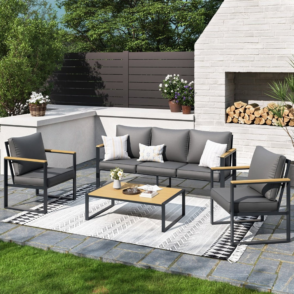 English Elm Outdoor 4 Piece Aluminum Conversation Set Faux Wood Frame with Grey Cushions W2071S00005