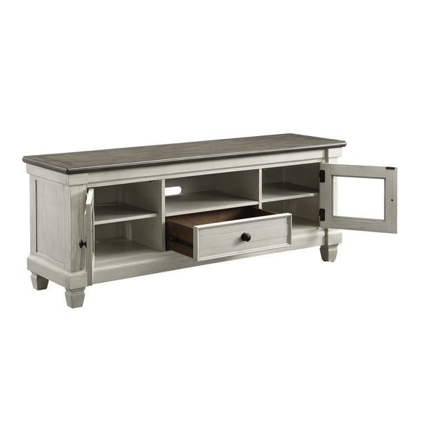 English Elm 1pc TV Stand Granby Collection 64" Two-Tone Wood Media Console with Glass Doors, Drawers & Shelves Antique White 67 L x 21 W x 24 H B011P289729
