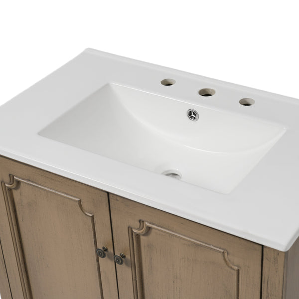 English Elm Christopher Knight Home® - 30" Vintage Bathroom Vanity with Rectangle Ceramic Sink, Rubber Wood Legs, Soft-Close Doors, Adjustable Shelves Antique brown N817P245316L