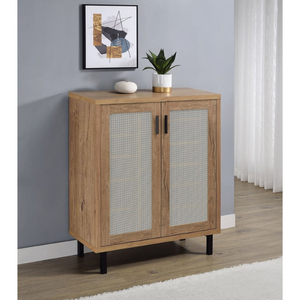 English Elm Stagg Oak Finish Shoe Cabinet with Cane Doors and Black Metal Legs for Entryway B062P451792