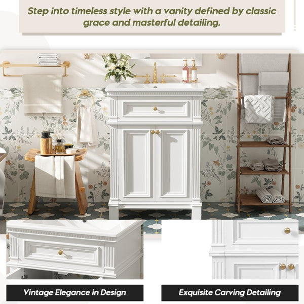 English Elm 24'' Carved Farmhouse Bathroom Vanity with Ceramic Sink Soft Close Storage Cabinet White N710P446530K