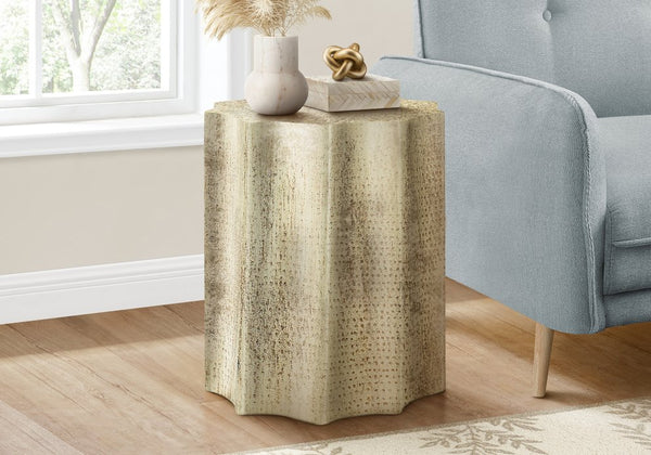 English Elm Accent Table, Modern Boho Drum Design In Antique Gold Metal – Stylish Side Or Nightstand For Small Spaces B2710P219444
