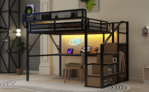 English Elm Queen Loft Bed With Integrated Desk, Wardrobe & Charging Station For Kids & Teens - Black Metal Style W2580S00044-GIGA