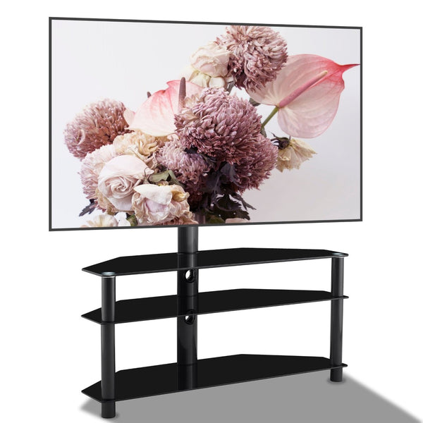 English Elm 35.4 Inch Floor Tv Stand Aluminum Pole Swivel Bracket Tempered Glass Shelves Black W241104068