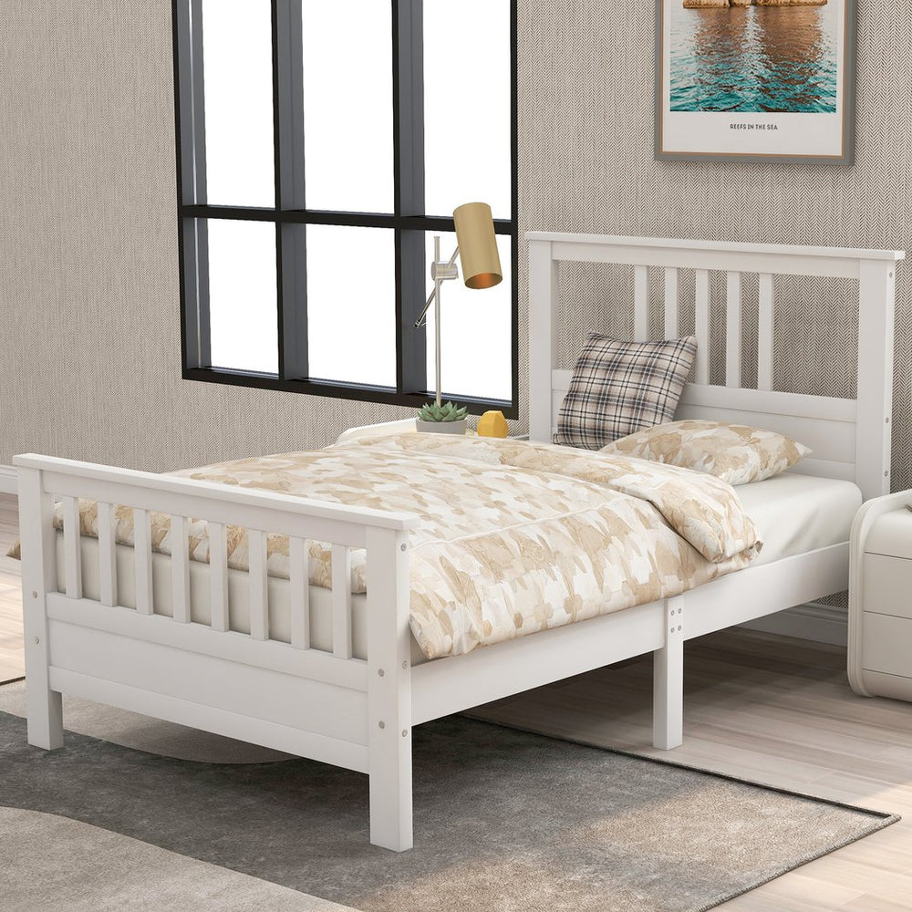 English Elm Wood Platform Bed Twin with Paneled Headboard & Footboard, Solid Pine Frame, White Finish—400lb Capacity WF192972AAK