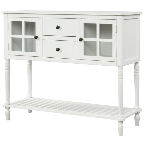 English Elm Trexm Farmhouse Buffet Cabinet with Glass Doors Drawers and Open Shelf Display WF193444AAK