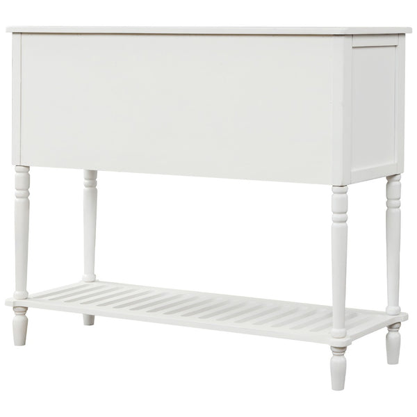 English Elm Trexm Farmhouse Buffet Cabinet with Glass Doors Drawers and Open Shelf Display WF193444AAK