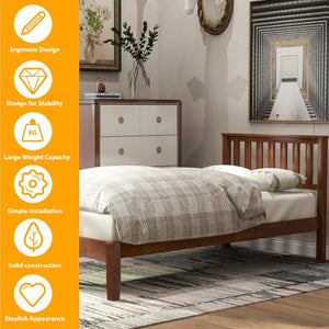 English Elm Wood Twin Platform Bed Solid Pine Frame Walnut Finish with Integrated Headboard WF191770AAD