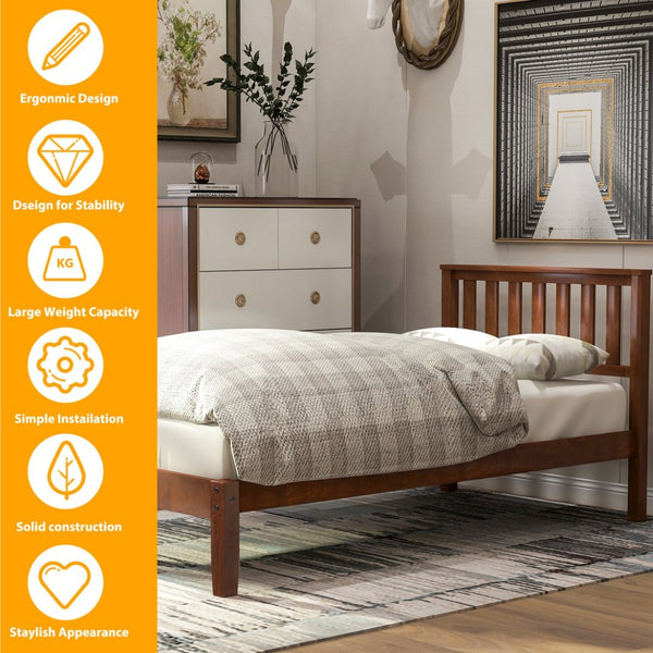 English Elm Wood Twin Platform Bed Solid Pine Frame Walnut Finish with Integrated Headboard WF191770AAD