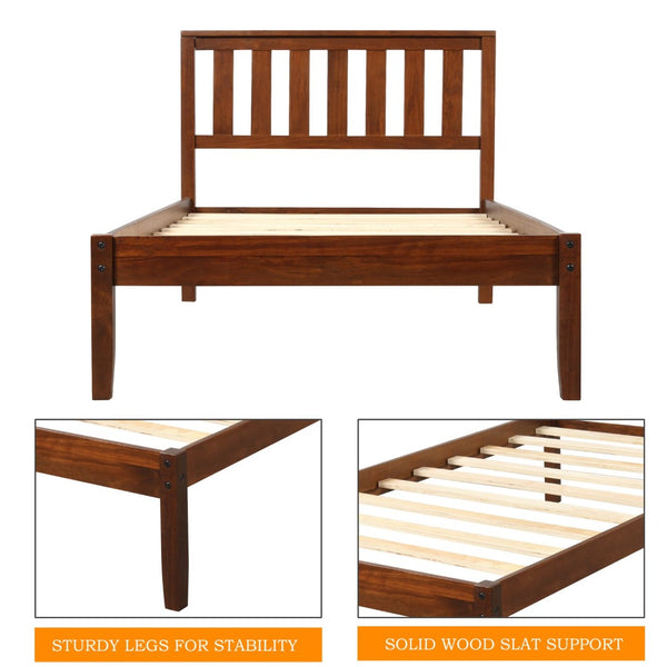 English Elm Wood Twin Platform Bed Solid Pine Frame Walnut Finish with Integrated Headboard WF191770AAD