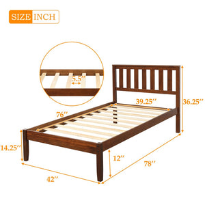 English Elm Wood Twin Platform Bed Solid Pine Frame Walnut Finish with Integrated Headboard WF191770AAD