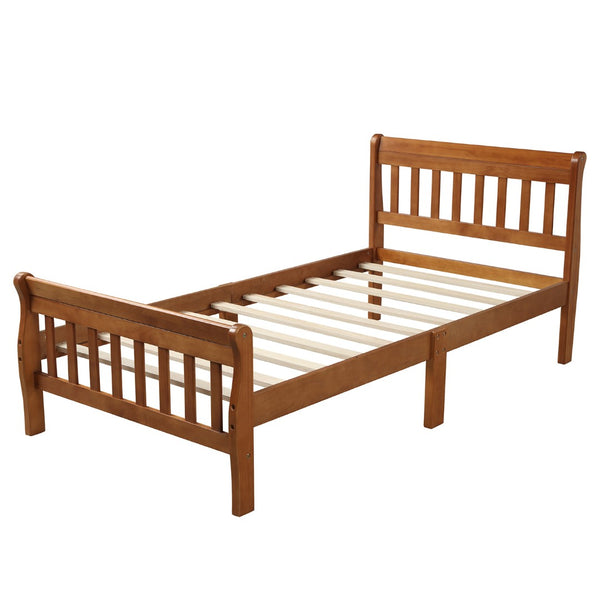 English Elm Wood Sleigh Twin Bed Solid Frame with Curved Headboard and Footboard for Kids Rooms Walnut N708P330271L