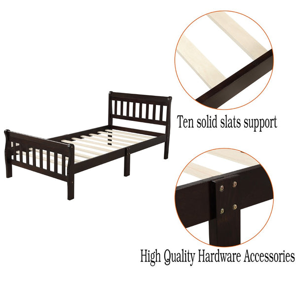 English Elm Wood Sleigh Twin Bed Solid Frame with Curved Headboard and Footboard for Kids Rooms Espresso N708P330271D