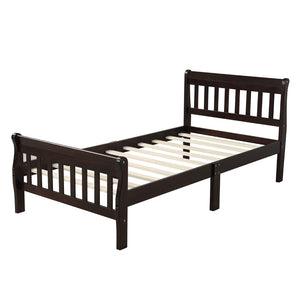 English Elm Wood Sleigh Twin Bed Solid Frame with Curved Headboard and Footboard for Kids Rooms Espresso N708P330271D