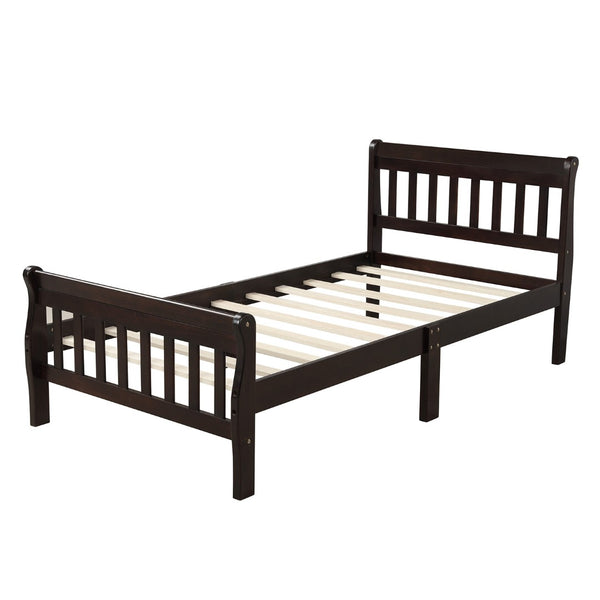 English Elm Wood Sleigh Twin Bed Solid Frame with Curved Headboard and Footboard for Kids Rooms Espresso N708P330271D