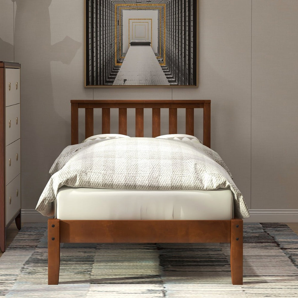 English Elm Wood Twin Platform Bed Solid Pine Frame Walnut Finish with Integrated Headboard WF191770AAD