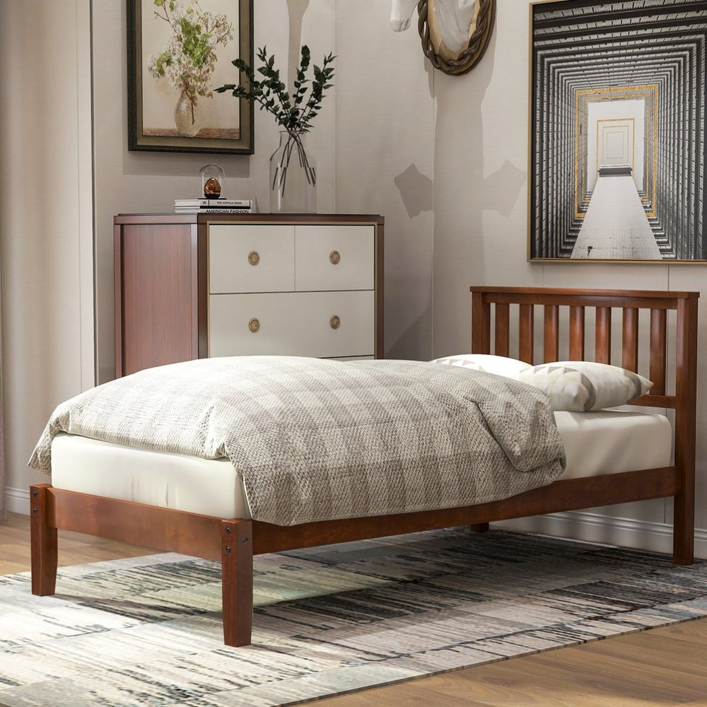 English Elm Wood Twin Platform Bed Solid Pine Frame Walnut Finish with Integrated Headboard WF191770AAD