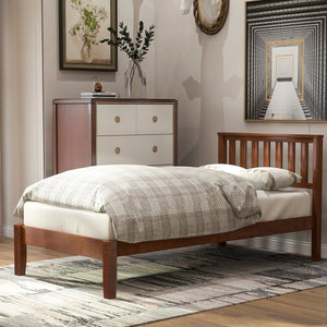 English Elm Wood Twin Platform Bed Solid Pine Frame Walnut Finish with Integrated Headboard WF191770AAD