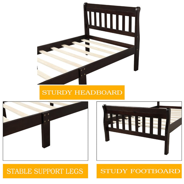 English Elm Wood Sleigh Twin Bed Solid Frame with Curved Headboard and Footboard for Kids Rooms Espresso N708P330271D