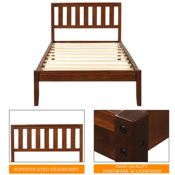 English Elm Wood Twin Platform Bed Solid Pine Frame Walnut Finish with Integrated Headboard WF191770AAD