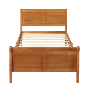 English Elm Wood Sleigh Twin Platform Bed Solid Frame with Hollow Panel Headboard No Box Spring Needed WF192439AAL