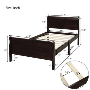 English Elm Wood Sleigh Twin Platform Bed Solid Frame with Hollow Panel Headboard No Box Spring Needed Espresso WF192439AAP