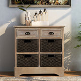 Hearth and Haven Sofia Storage Cabinet with Two Drawers and Four Classic Rattan Basket, White Washed WF193442AAN