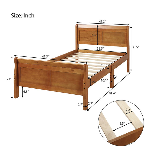 English Elm Wood Sleigh Twin Platform Bed Solid Frame with Hollow Panel Headboard No Box Spring Needed WF192439AAL