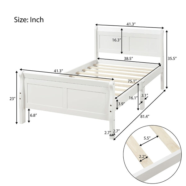 English Elm Wood Sleigh Twin Platform Bed Solid Frame with Hollow Panel Headboard No Box Spring Needed White WF192439AAK