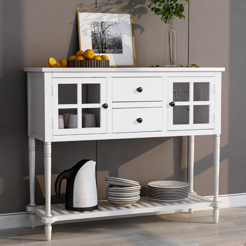 English Elm Trexm Farmhouse Buffet Cabinet with Glass Doors Drawers and Open Shelf Display WF193444AAK