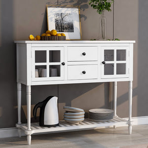 English Elm Trexm Farmhouse Buffet Cabinet with Glass Doors Drawers and Open Shelf Display WF193444AAK