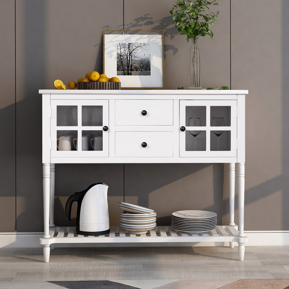 English Elm Trexm Farmhouse Buffet Cabinet with Glass Doors Drawers and Open Shelf Display WF193444AAK