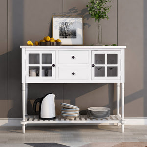 English Elm Trexm Farmhouse Buffet Cabinet with Glass Doors Drawers and Open Shelf Display WF193444AAK