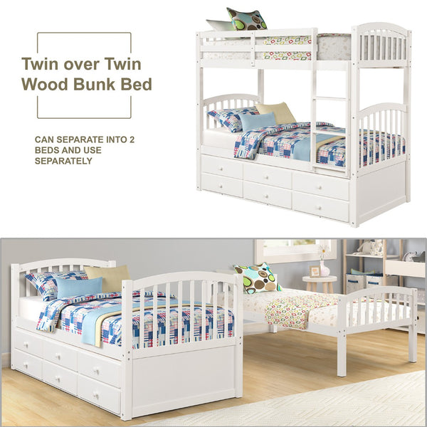 English Elm Twin Over Bunk Bed with Trundle and 3 Drawers Solid Pine Kids Guest Room LT000071AAK
