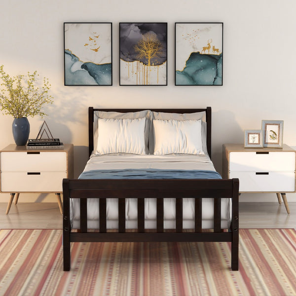 English Elm Wood Sleigh Twin Bed Solid Frame with Curved Headboard and Footboard for Kids Rooms Espresso N708P330271D