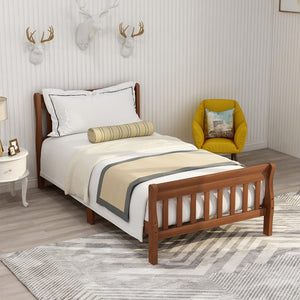 English Elm Wood Sleigh Twin Bed Solid Frame with Curved Headboard and Footboard for Kids Rooms Walnut N708P330271L