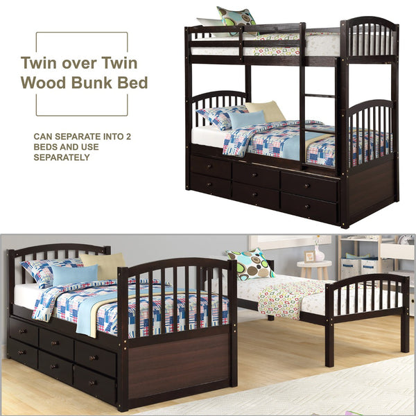 English Elm Twin Over Bunk Bed with Trundle and 3 Drawers Solid Pine Kids Guest Room LT000071AAP-1