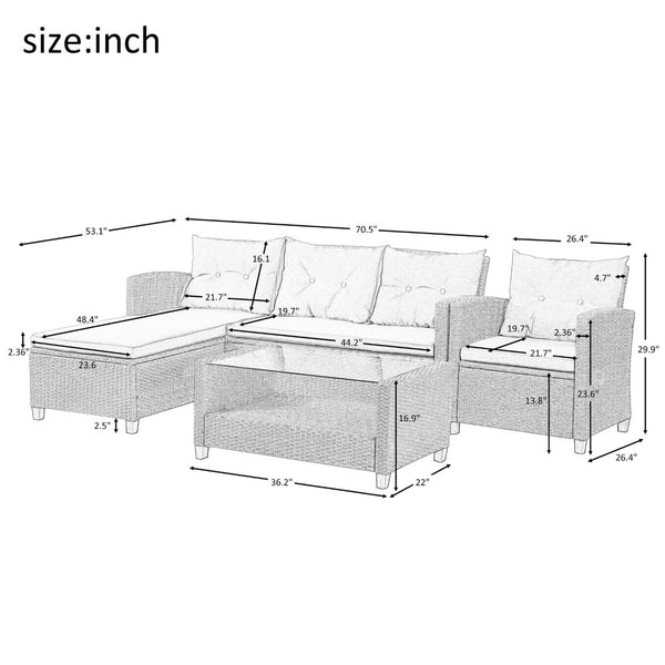 English Elm U_style 4 Piece Outdoor Wicker Sectional Sofa Set with Tufted Cushions Glass Table WY000066EAA