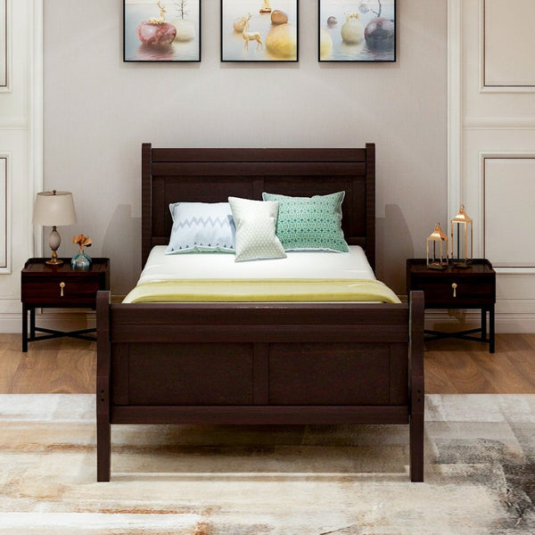 English Elm Wood Sleigh Twin Platform Bed Solid Frame with Hollow Panel Headboard No Box Spring Needed Espresso WF192439AAP