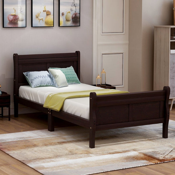 English Elm Wood Sleigh Twin Platform Bed Solid Frame with Hollow Panel Headboard No Box Spring Needed Espresso WF192439AAP