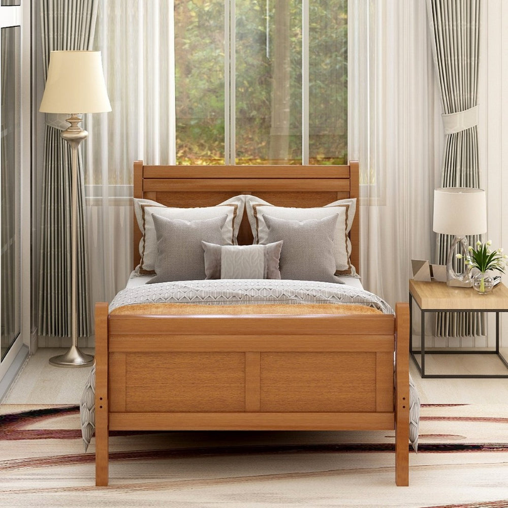 English Elm Wood Sleigh Twin Platform Bed Solid Frame with Hollow Panel Headboard No Box Spring Needed WF192439AAL
