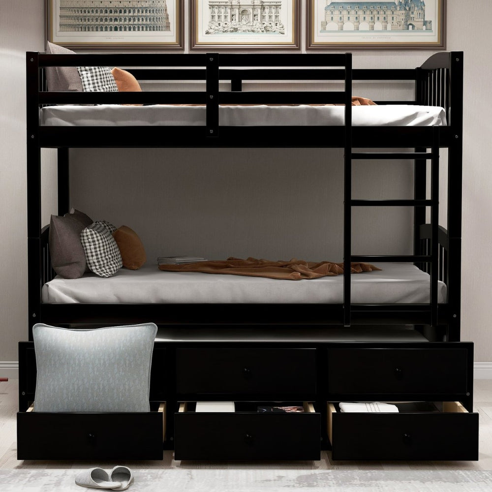 English Elm Twin Over Bunk Bed with Trundle and 3 Drawers Solid Pine Kids Guest Room LT000071AAP-1
